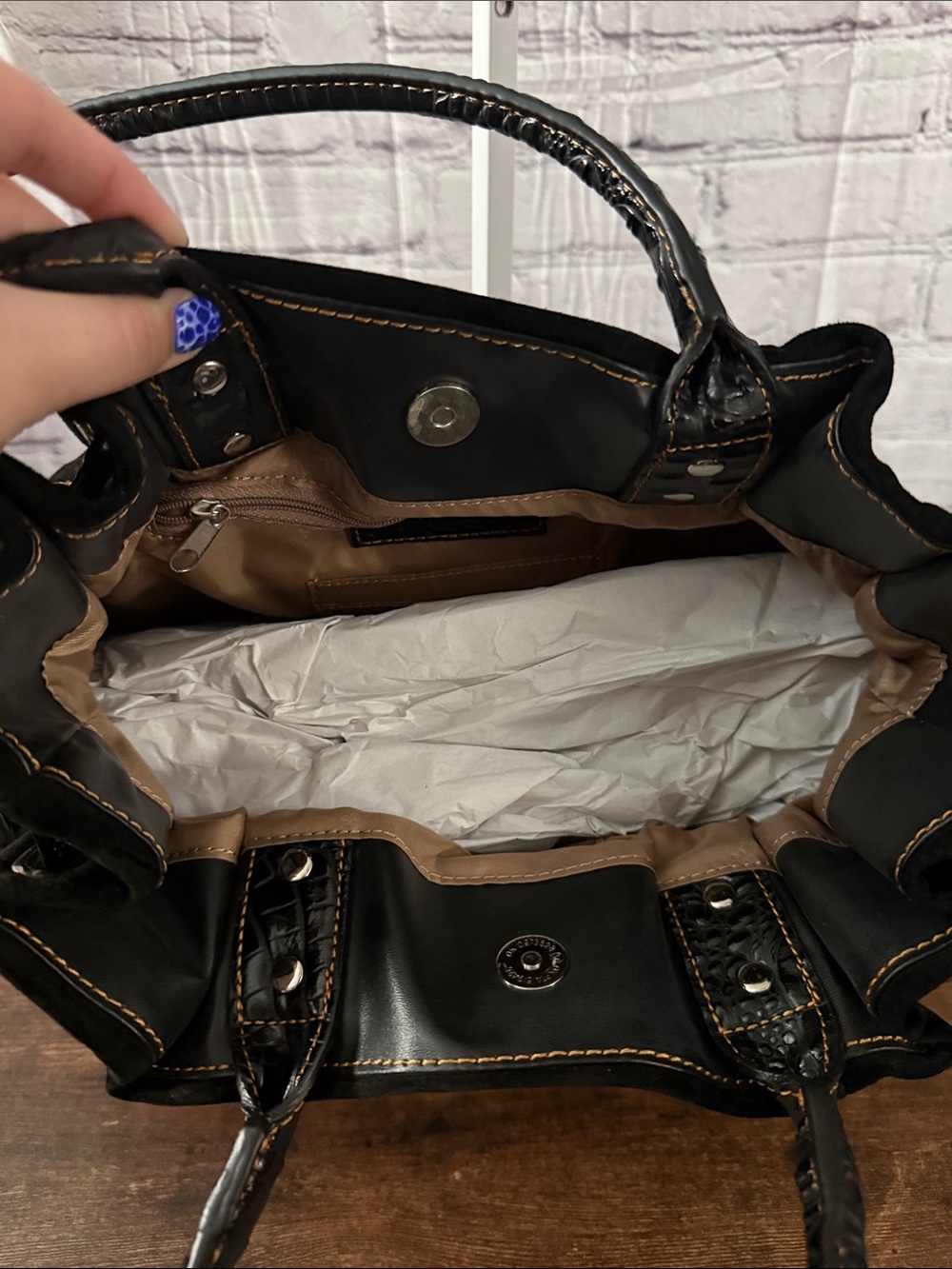 Black Suede Tote with Leather Trim and Stud Details - Picture 8 of 9